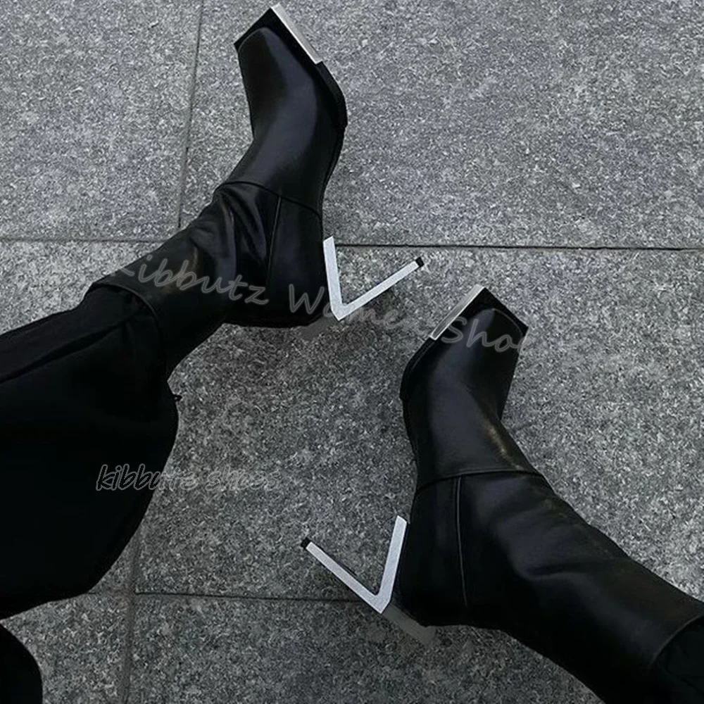 Knee High Boots Metal Heel Square Iron Toe Solid Black Genuine Leather Side Zipper Sexy Fashion Novelty Women Shoes 2023 Newest