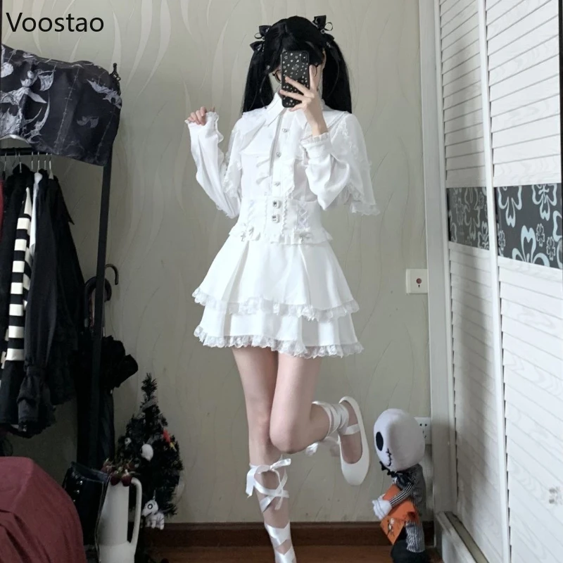 Japanse Gothic Lolita Stijl Rok Set Vrouwen Y2k Esthetische Kant Sjaal Boog Shirt Tops Ruches Mini Rok Herfst Zoete Lolita Pak