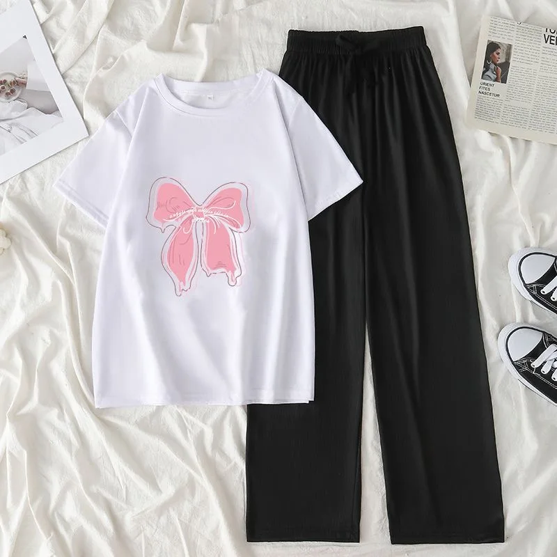 6 8 10 12 14 Years Summer Teen Girls Clothing Sets Cute Bow Top And Wide Legged Pants 2Pcs Outfits Kids Tracksuit Kids Clothes