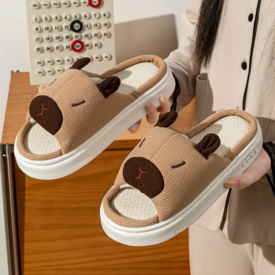 Women's Indoor Soft Home Slippers Summer Cute Capybara Cartoon Flax Thick Sole Anti-slip Bedroom Comfortable Fashion Shoes image 3