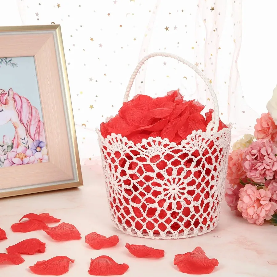 4pcs White Flower Girl Basket with Handle for Wedding Ceremony Elegant Floral Decoration for Bridal Shower and Reception Ideal