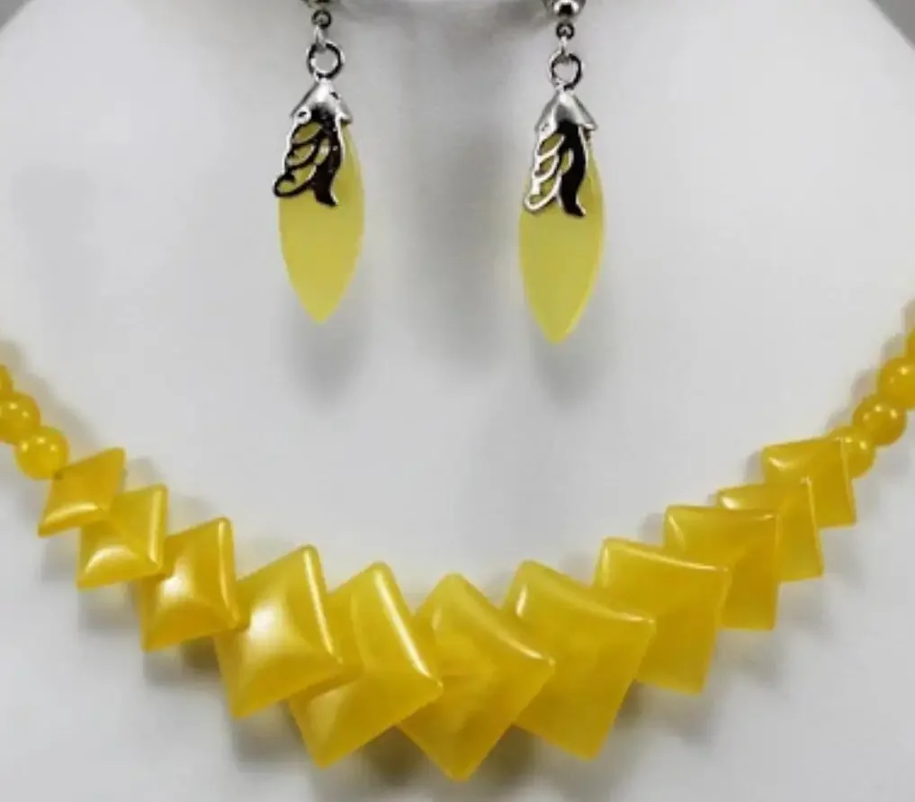 

Women's simple fashion silver plated fish Long Water Drop Earrings + yellow square shaped tower chain set