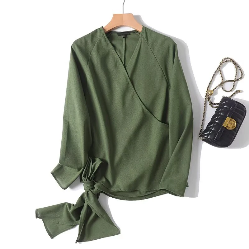 

YENKYE 2025 Women Long Sleeve Cross V Neck Wrap Blouse Lace Up Casual Green Tops