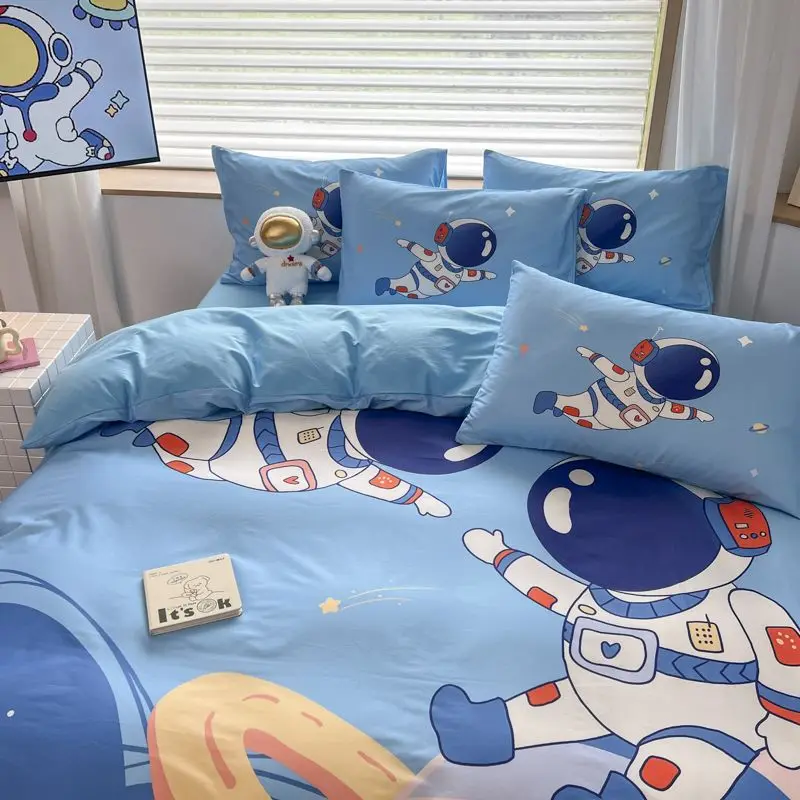 Astronaut Cotton Four-piece Set 100% Pure Cotton Cartoon Astronaut kids Bed Three-piece Set Bed Sheet Quilt Cover Pillowcase