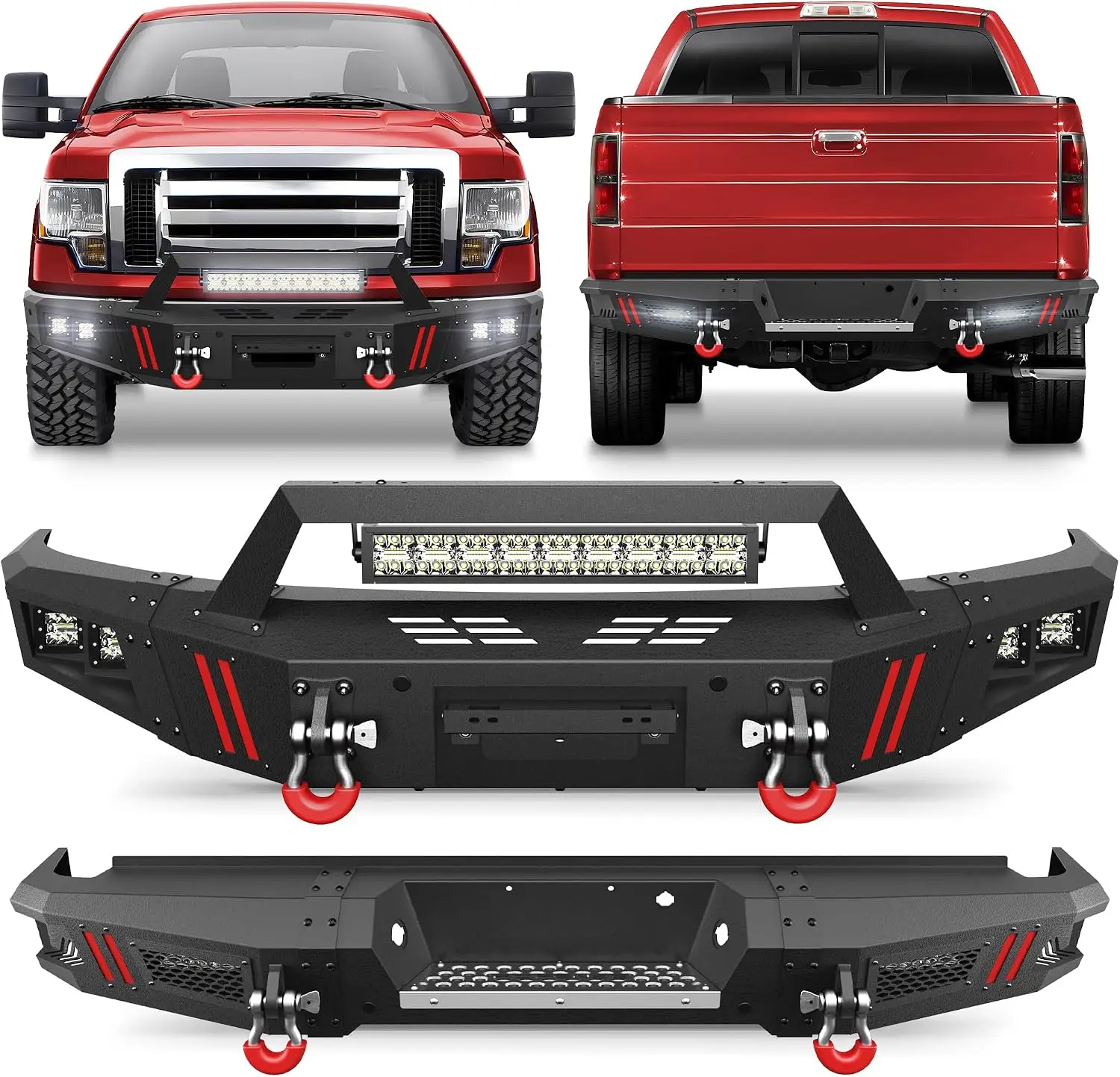 Front & Rear Bumper Set for 2009-2014 Ford F150 Exclude Raptor Full Width Winch Plate D-Rings LED Lights License Plate Bracket