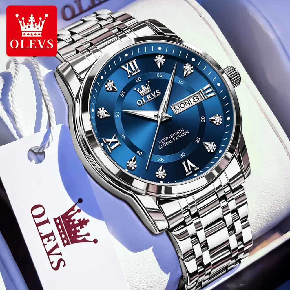OLEVS 5513 남성용 쿼츠 시계 스테인레스 스틸 스트랩 다이아몬드 스케일 듀얼 캘린더 방수 축광 남성용 비즈니스 손목 시계
