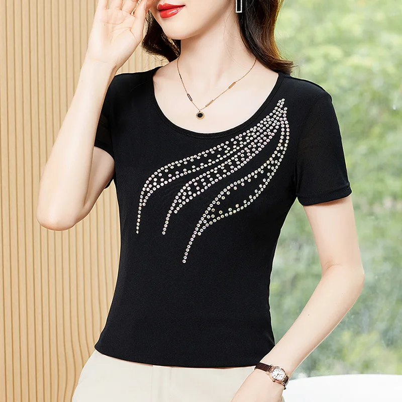 

Mesh T-shirt Small Shirt 2024 Summer New Square Latin Dance Clothing Women's Top Dance Clothing