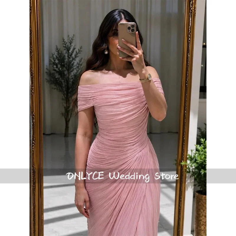 Custom Dusty Pink Off Shoulder Evening Dress Ruched Pleated Prom Dresses Chiffon Vestidos De Noche Train Formal Evening