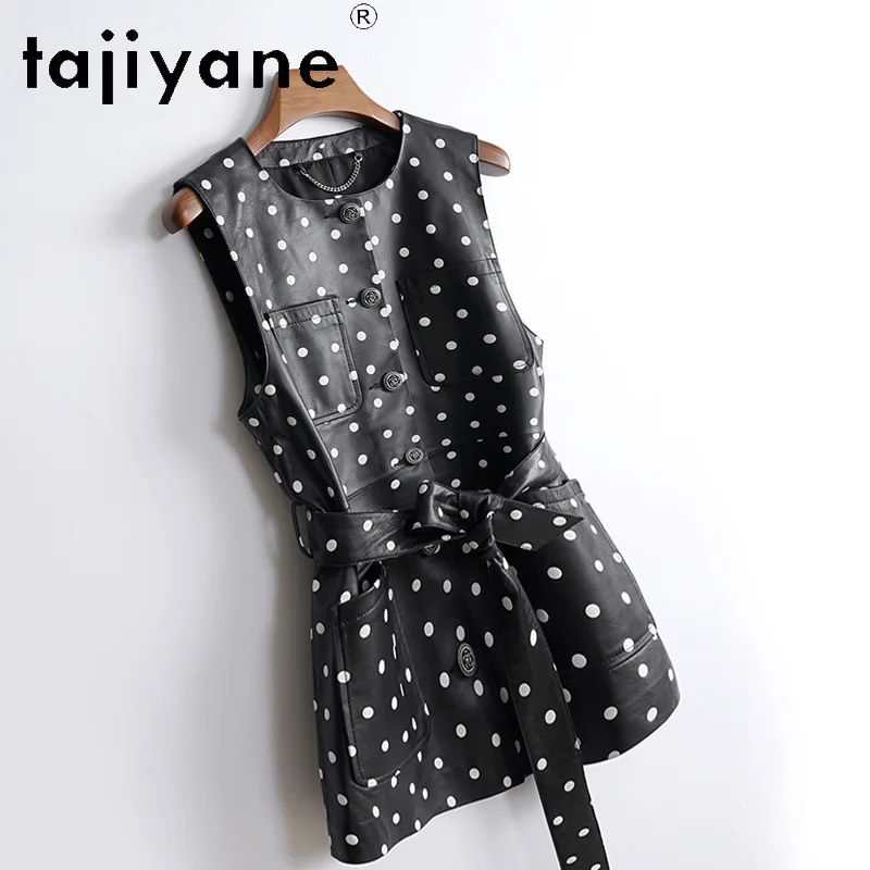 TAJIYANE Genuine Leather Jacket Women Mid-length Waistcoat Polka Dot Sheepskin Leather Vest Waist Tie Jackets Black Veste Femme