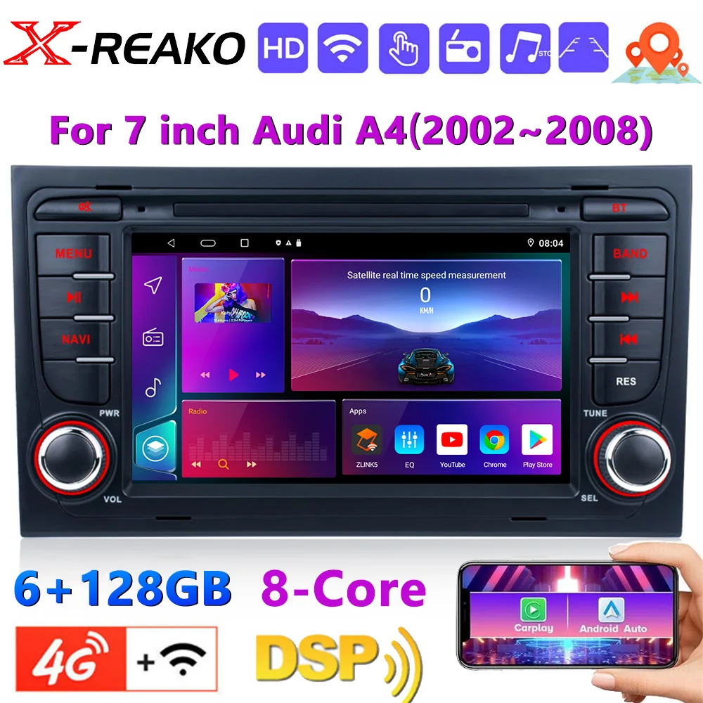 Android 12 Multimedia Player For Audi A4 (2002-2008)  2Din Car Radio Screen WIFI GPS 4G CarPlay Mirrolink Steering Wheel Control