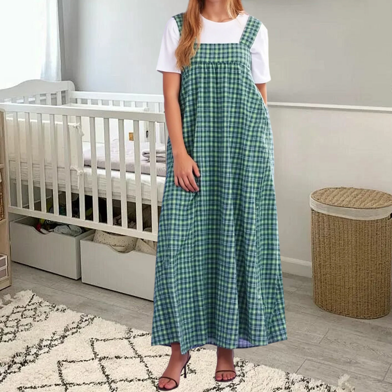 Vestido largo de verano para mujer, sin mangas, cuello cuadrado, tirantes anchos, vestido a cuadros