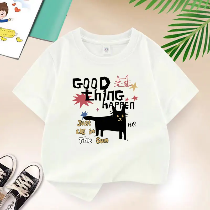 Cat Good Ting Happen Graphic Print Baby Boys T-shirt Cotton White Tops Tee 2025 Summer Kids T Shirt Teen 6 8 10 12 Years