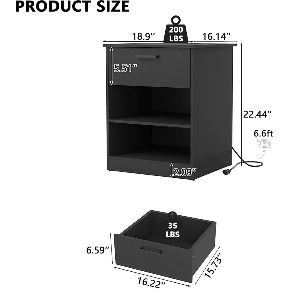 Contemporary Charging Nightstand with USB-C Ports and Power Outlets, Spacious Drawer Side Table for Bedside Use