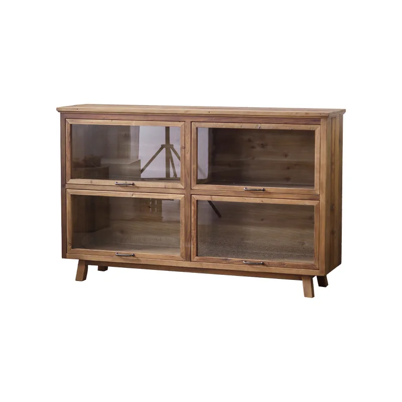 All solid wood log style retro dining side pull-up glass door lattice  room old storage cabinet
