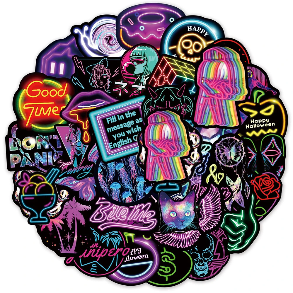 10/30/50/100pcs Creative Neon Light Cartoon Stickers Cool Personalized Pattern Sticker Helmet Phone Notebook Bike Decals Decor