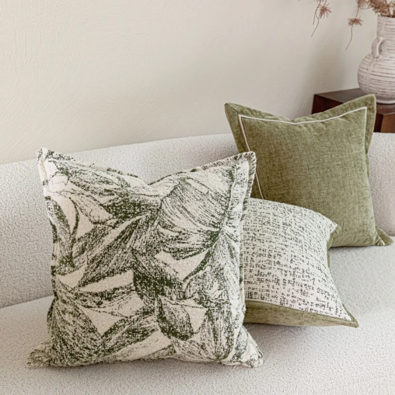 Sage Green Botanical Throw Pillow Cover Textured Woven Leaf Pattern Cushion Cases Modern Farmhouse Decorative Pillows For Sofa