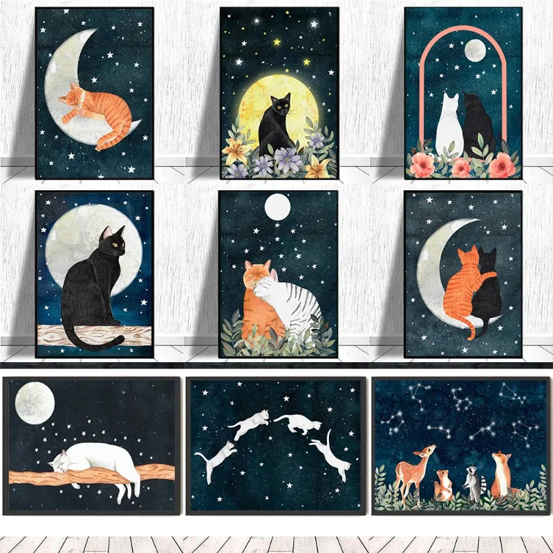1PC--Cat Moon Canvas Print Mystic Kitten Whimsical Painting Celestial Nursery Fantasy Night Sky Home Decor Wall Art Cat Lover