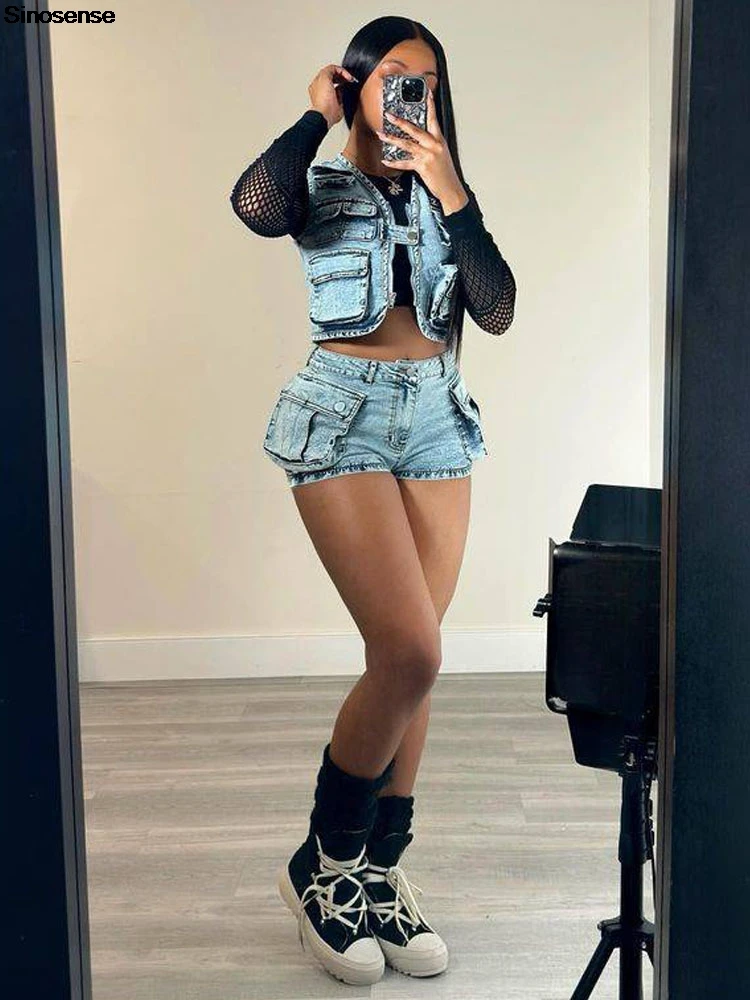 Women\'s Two 2 Piece Denim Sets Zipper Cropped Denim Vest Stretchy Jean Shorts Set Y2K Going Out Night Club Party Outfits