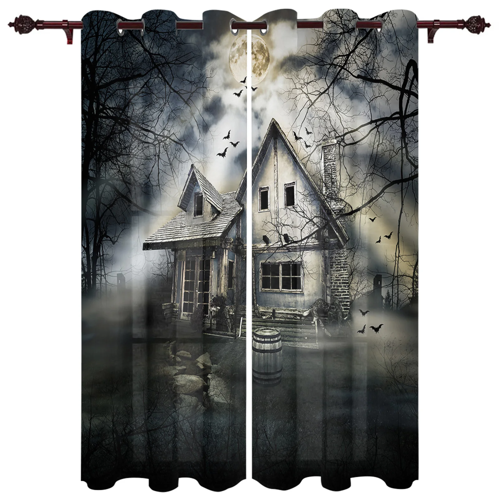 Black Hut Woods Moon Bat Haunted House Curtains for Kid Bedroom Modern Kitchen Hotel Window Curtain Office Decor Printed Drapes