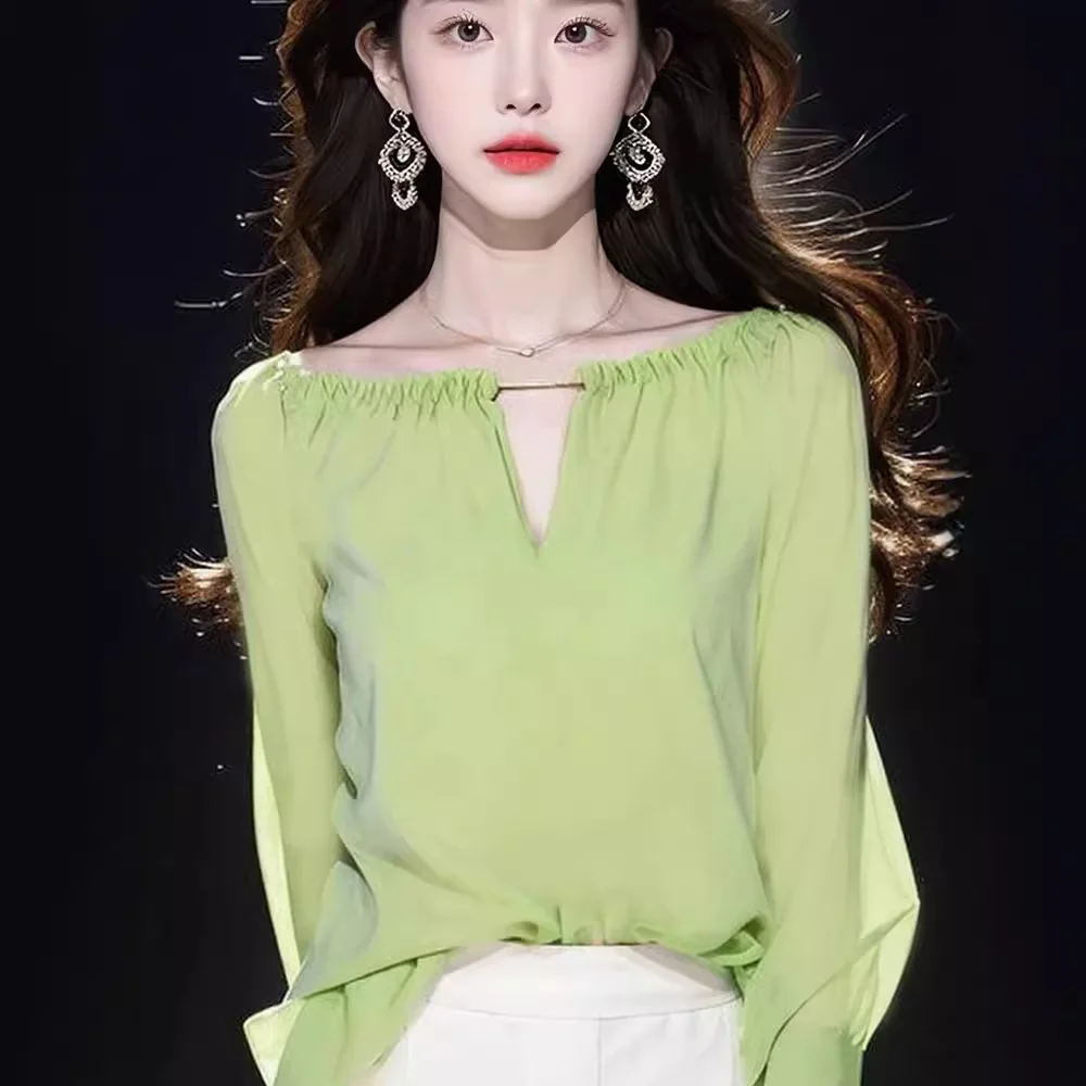Зеленая шифоновая рубашка Boweylun с длинным рукавом для ранней осени, женские модные топы с круглым вырезом для девочек