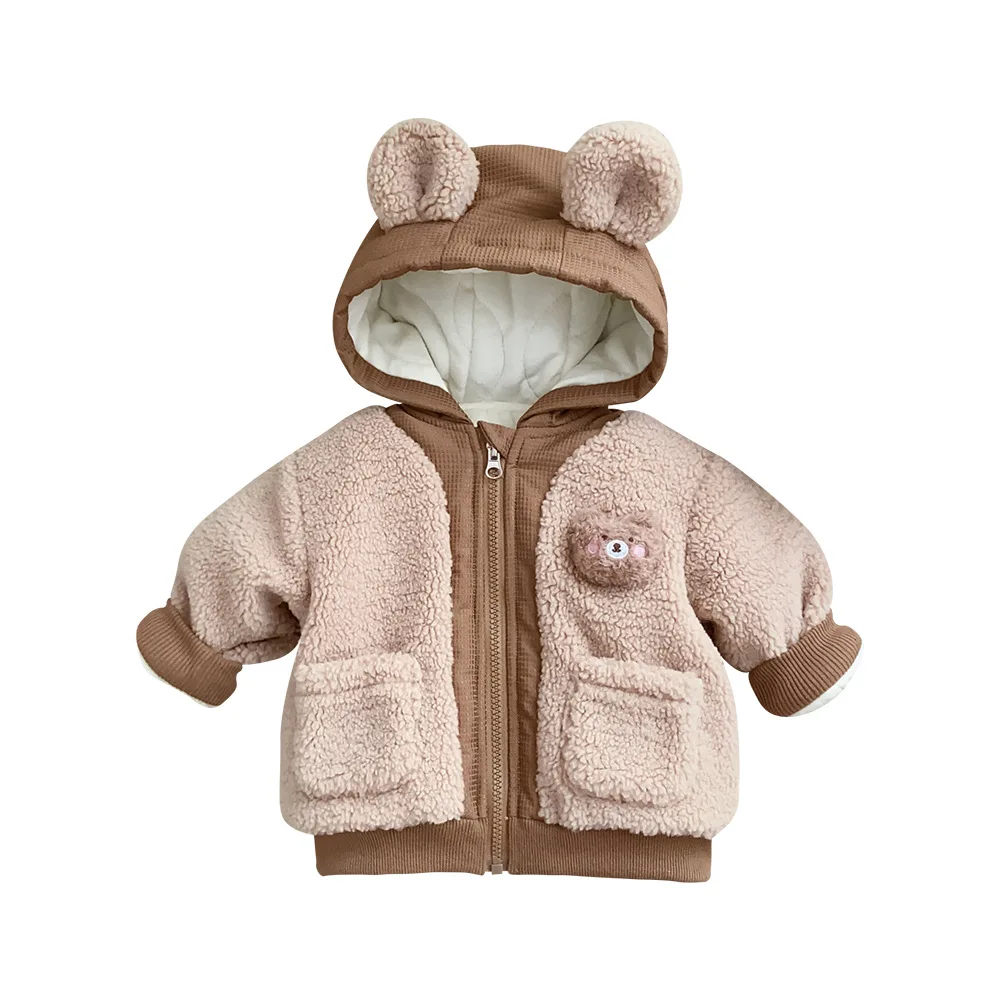 2024 Winter Korean Baby Girls Jacket Cotton Bear Plush Infant Baby Hooded Overcoat Pocket Zipper Toddler Warmer Outwear Coat