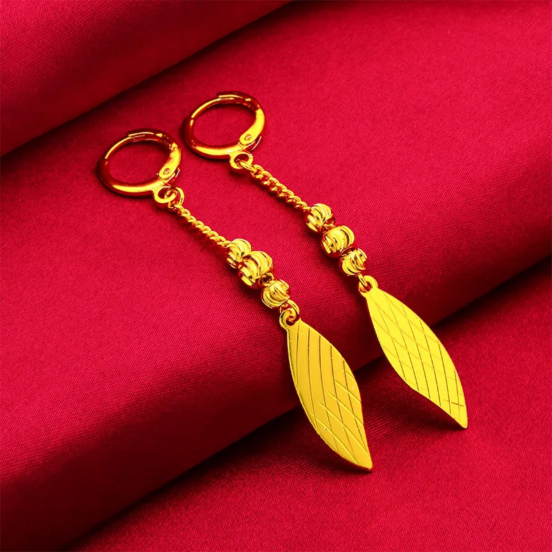 

AU999 24K Gold Women's Leaf Tassel Earrings - Polished Leaf + Matte Tassel Contrast, Micro-Diamond Vein, Commute Date Aura