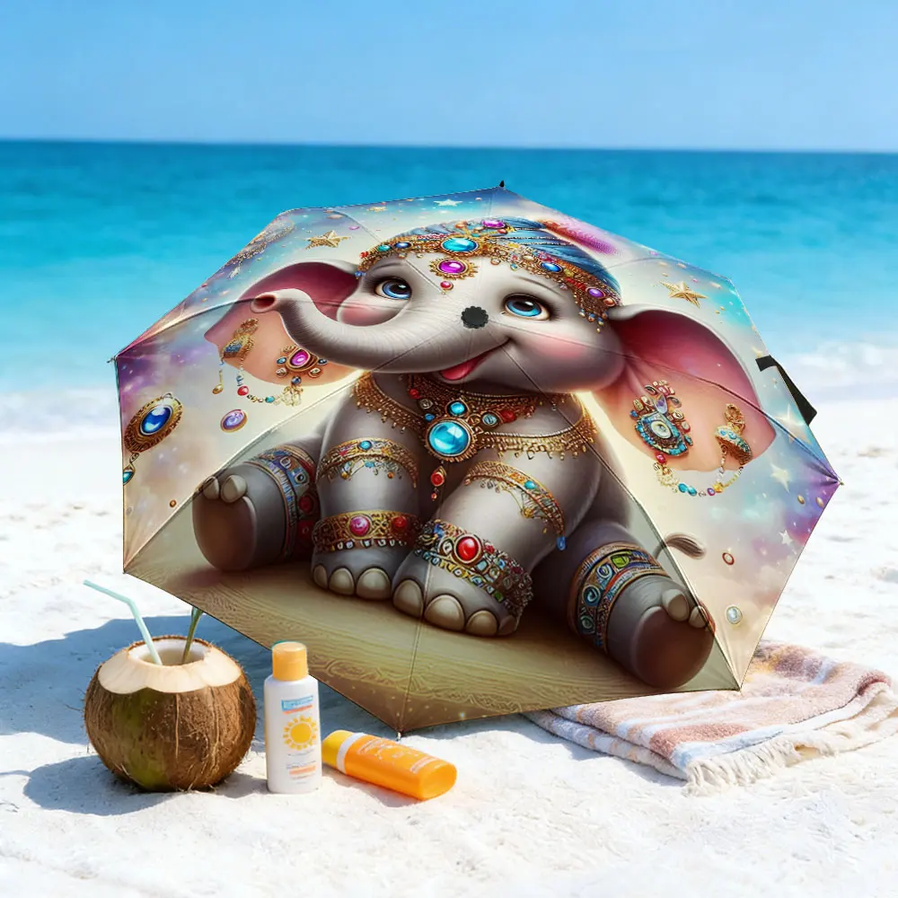 1PC Colorful Umbrella with Adorable Elephant Design by a Lake Print 8 Iron Ribs Folding Umbrella Auto-Open Fashion Sunshade