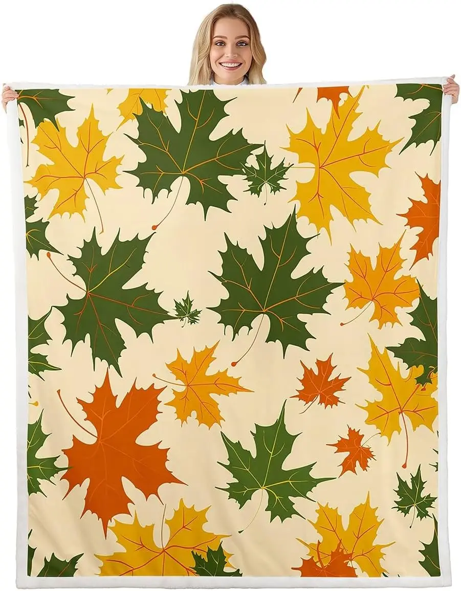 Fall Leaves Blanket Maple Leaf Fleece Blanket,Watercolor Botanical Throw Blanket ,Autumn Plant Bed Blanket Farmhouse Fall Sofa