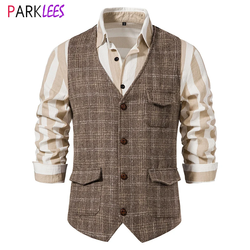 

Mens Tailored Collar Herringbone Tweed Suit Vest Slim Fit Formal Business Sleeveless Waistcoat Men Vintage Gentleman Dress Vest