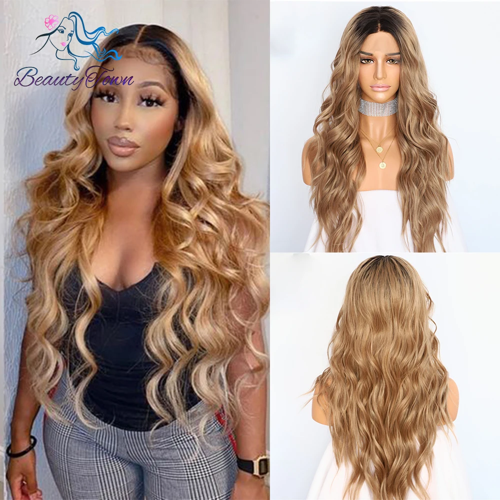 Ash Blonde Synthetic Lace Front Wigs Ombre Brown 613 Blonde Body Wave HD Transparent Lace Wig Daily Party Cosplay Wig For Women