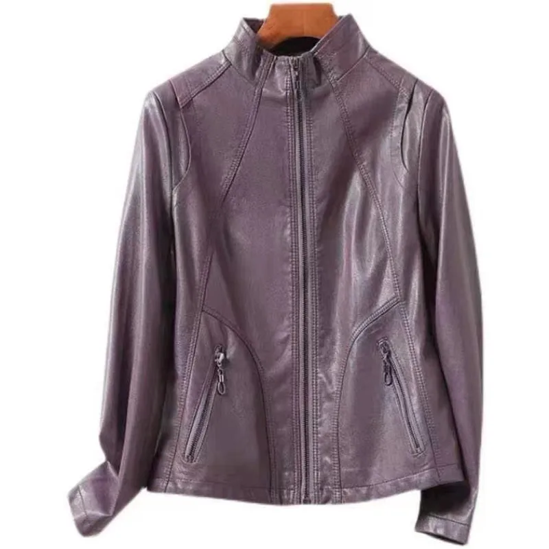 

Autumn Women Sheep Skin Coat Large Size 3XL Leather Jacket Female Stand Collar Slim Zip Leather Tops Inside Color Block Designs