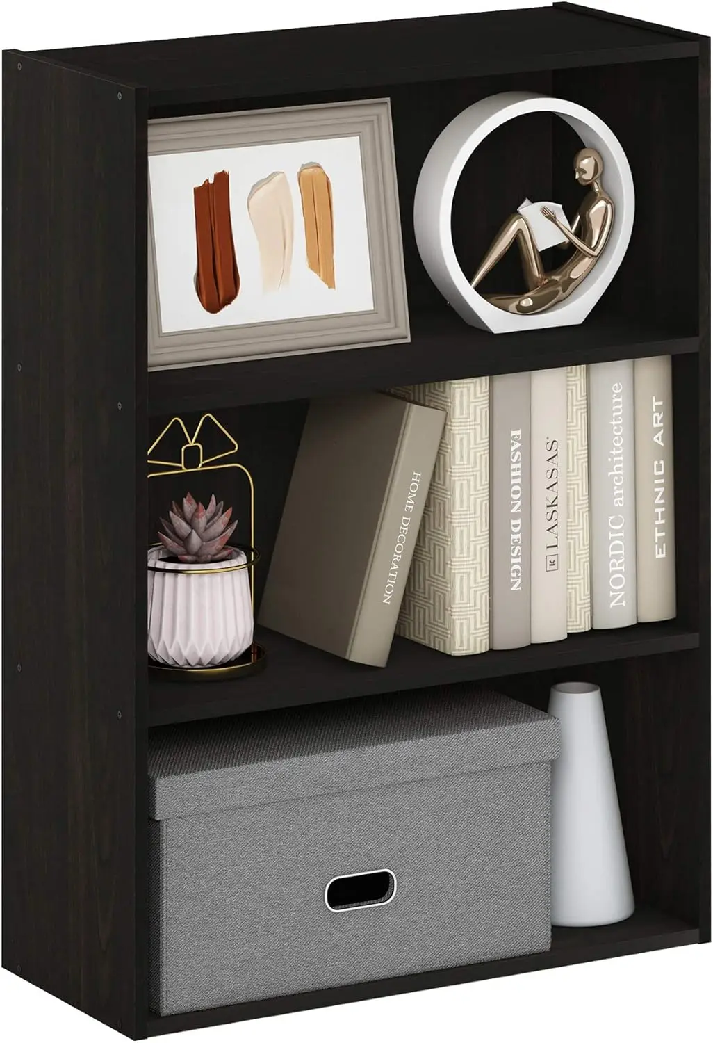 

3-уровневая книжная полка с широкими полками, отделка темного эспрессо для хранения в гостиной, спальне или домашнего офиса