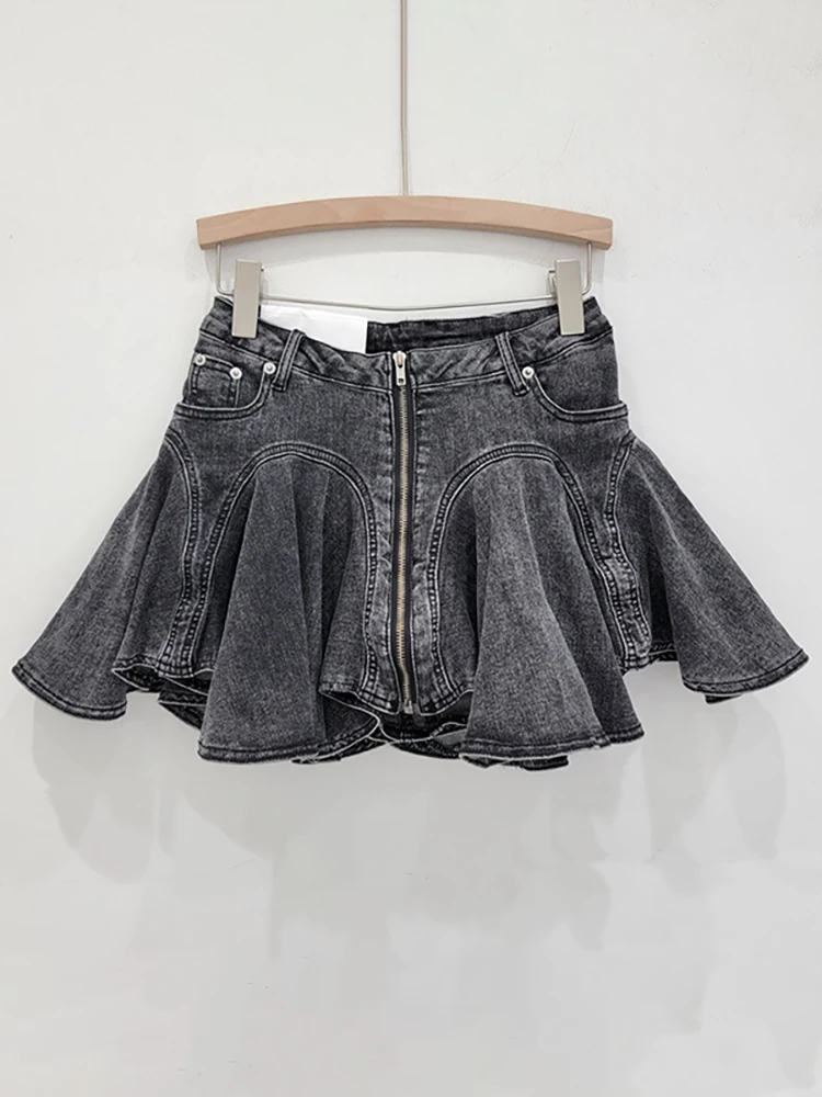 DEAT Women Denim Skirts High Waist Patchwork Ruffles Edge Zipper Solid Color A-line Mini Skirts 2024 Autumn New Fashion 11A0198