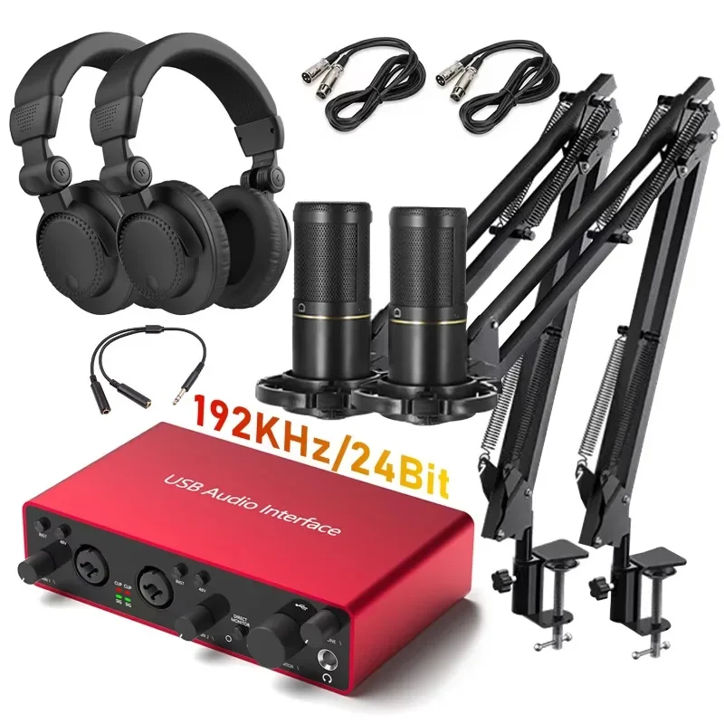studio condenser microphone headset USB audio interface sound card bundle kit podcast equipment group recording microphone