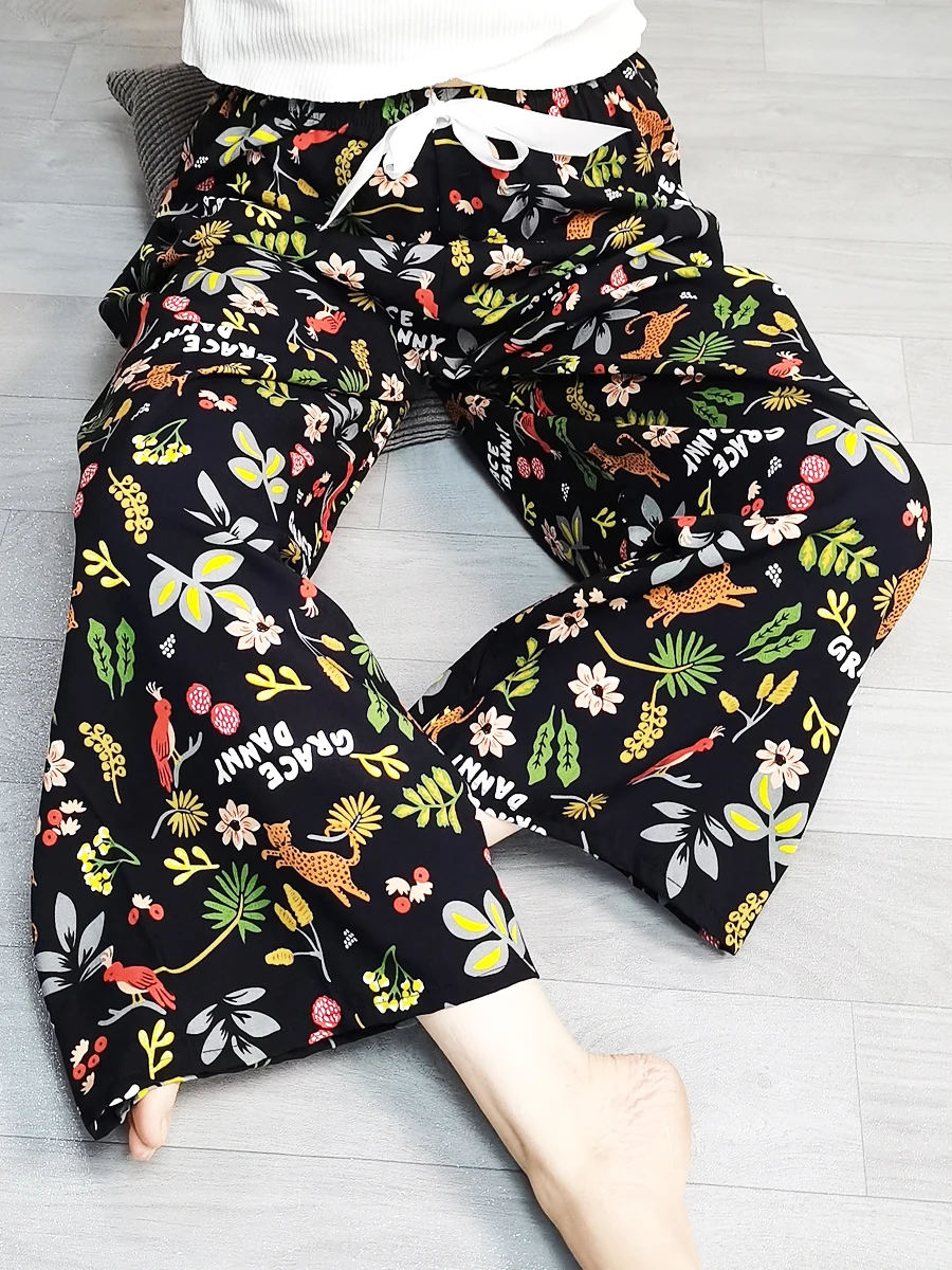 

Trendy Wide Leg Pants Women's Summer Lightweight Cotton Silk Loose Fit Home Wear Air Conditioning Long Trousers Floral Print ...
