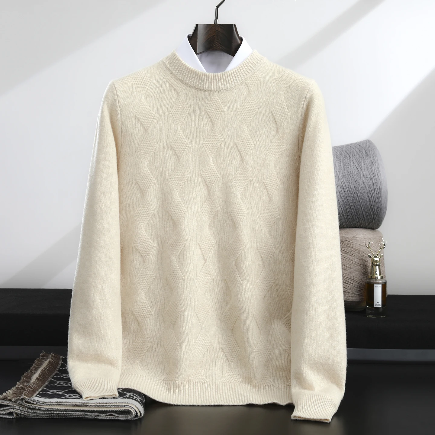 

Thickened Wool Sweater Men's Loose Clothing O-neck Warm knit Top Solid Color Diamond Autumn and Winter 100% Merino Wool Sweater