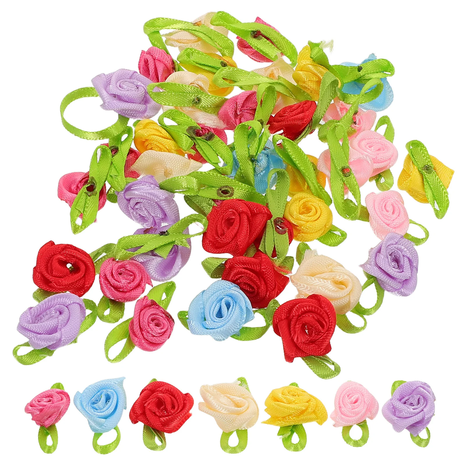 

250Pcs Mini Satin Ribbon Roses Elegant Fabric Flowers Heads with Leaves Sewing Craft Appliques Wedding Decoration 0.47x0.39 Inch