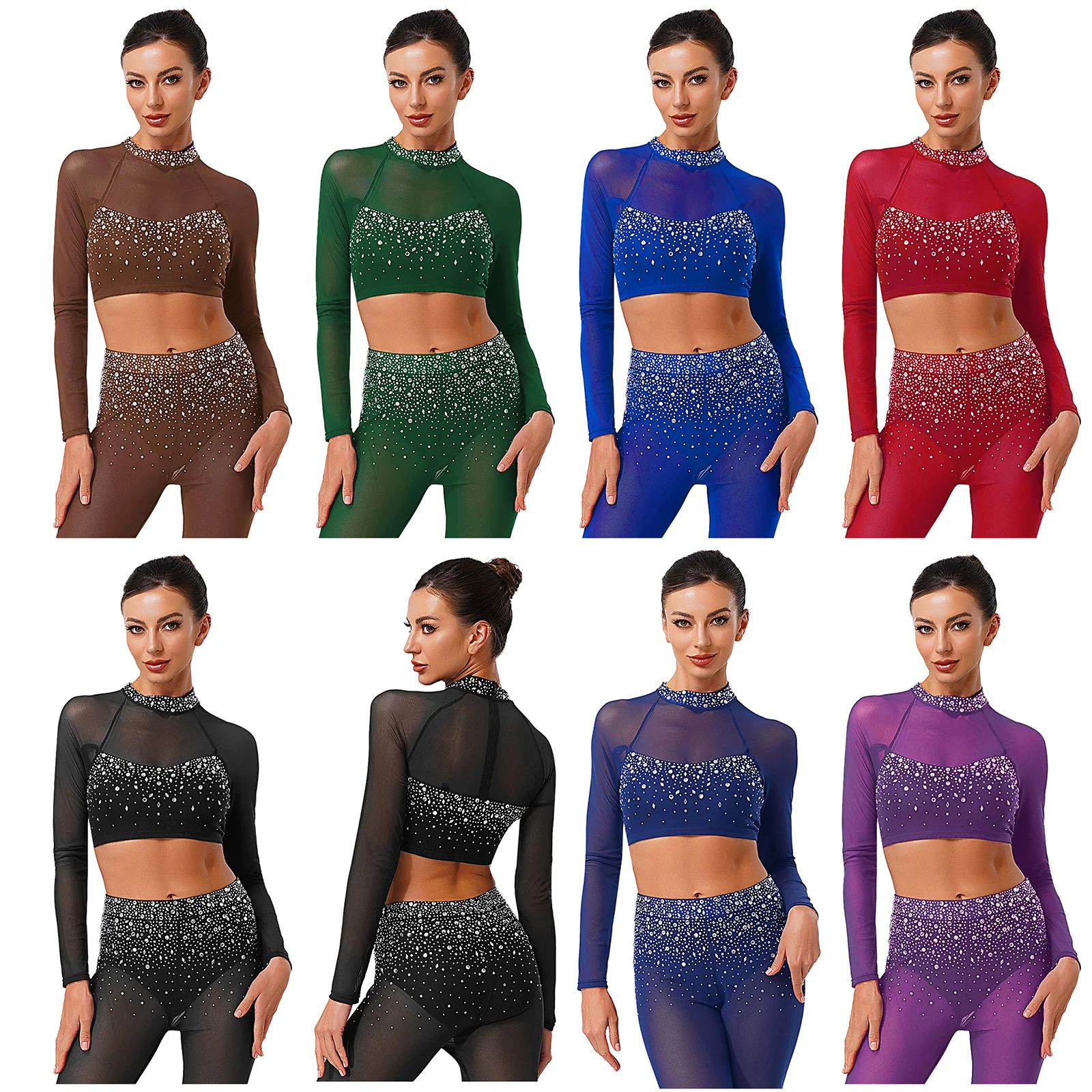 Top corto da danza moderna con strass scintillanti da donna Camicie Top a maniche lunghe patchwork in rete Abbigliamento da ballo per tango latino Rumba Dance