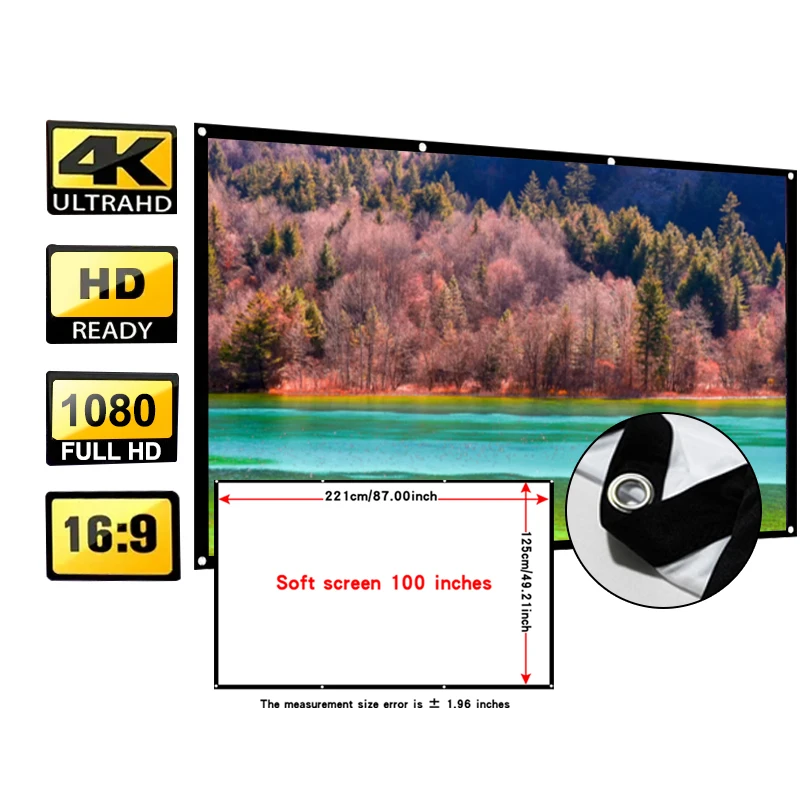 100インチ高密度プロジェクションスクリーン。 オフィスや寝室など、様々な場面で投影に適しています。