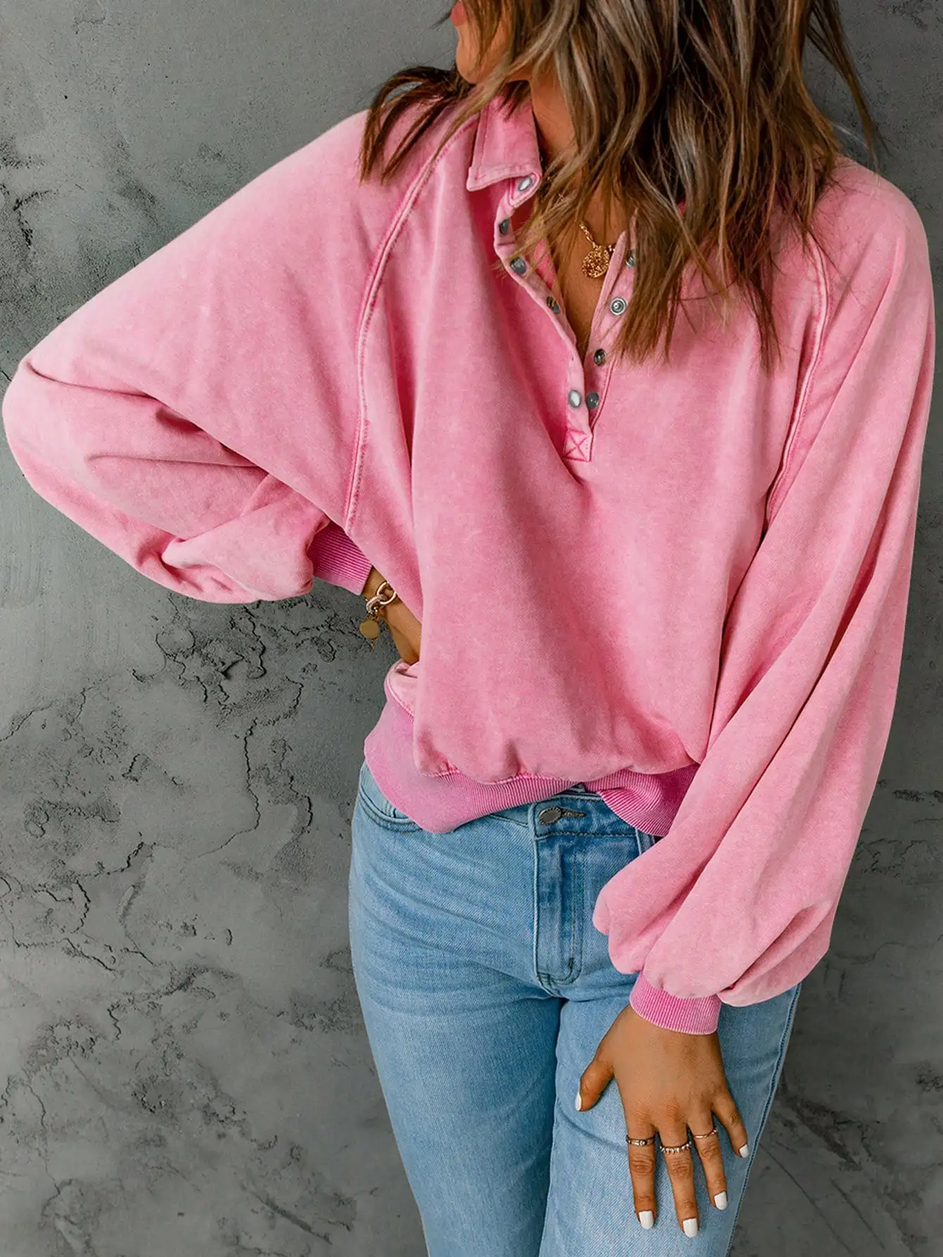 Moletom solto com meia carcela e manga lanterna rosa para mulheres, top casual primavera outono