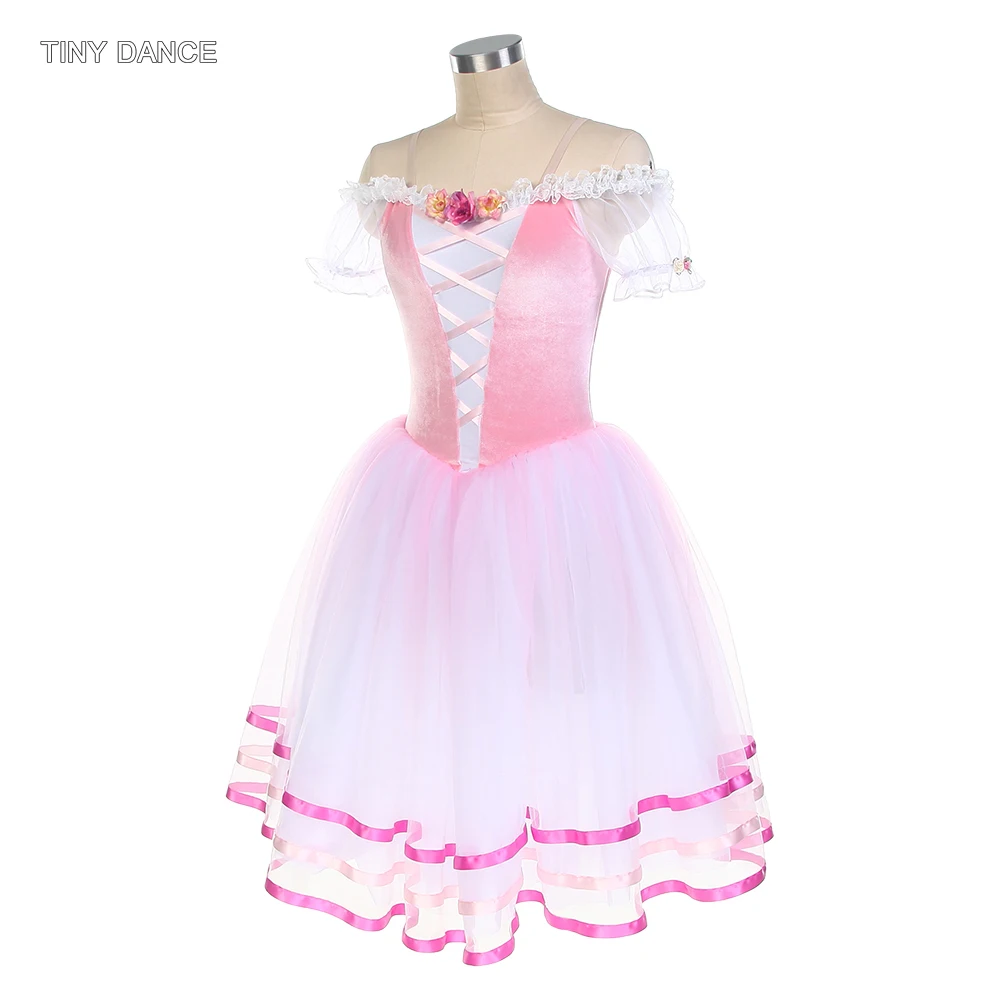 

Off the Shoulder Ballet Tutu Leotard Dress Pink Velvet Bodice and White Puffy Tutu Skirts Ballerina Costume for Women 25013