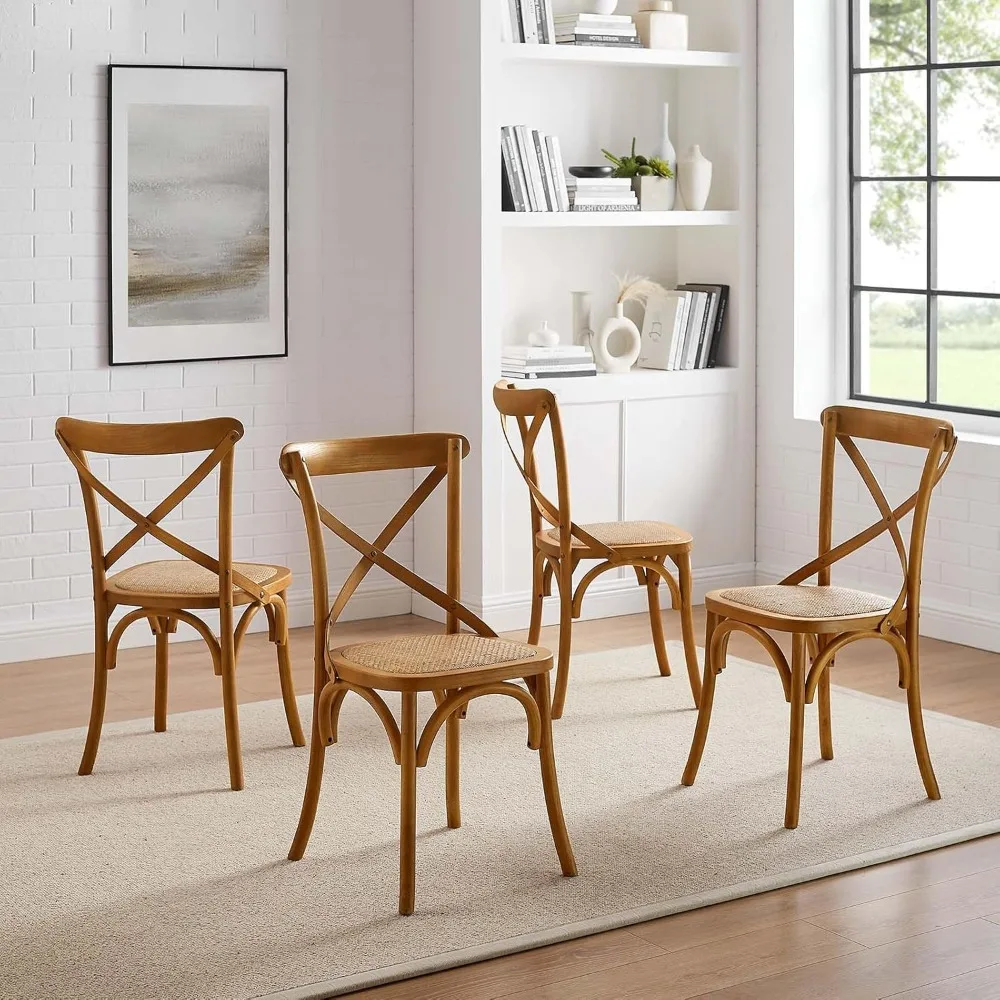 

Gear Rustic Modern Farmhouse Elm Wood Rattan Four Dining Chairs in Walnut