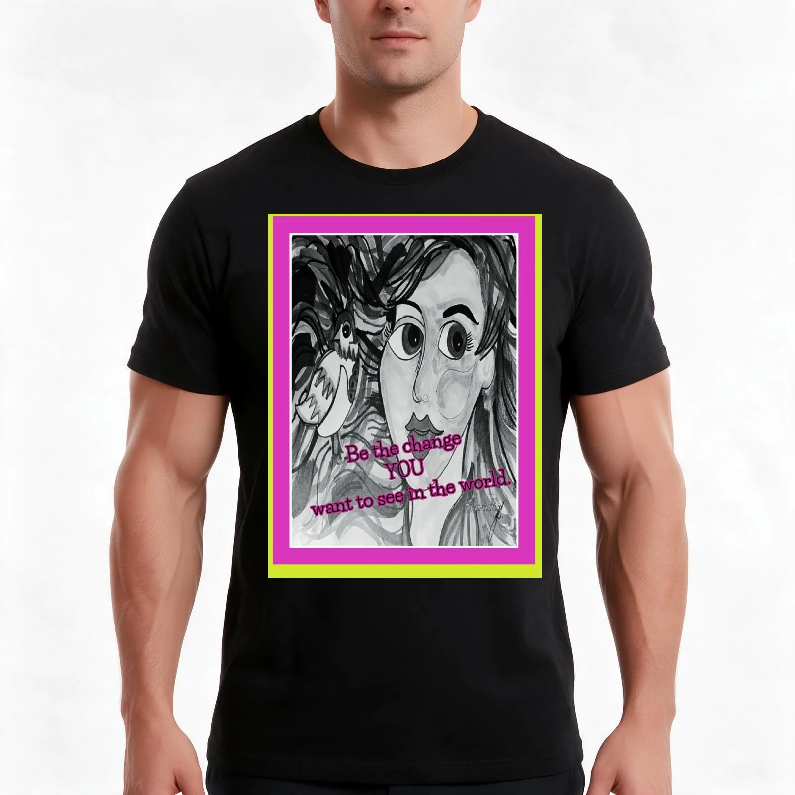 Drawing of a face. Who's face. Be the change you want to see in the world,Gandhi. My Drawing T-Shirt Summer Casual Cotton Tee