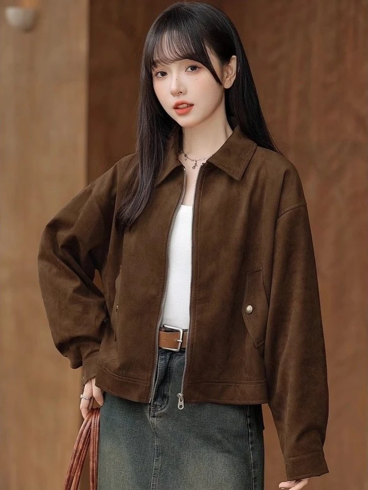 سترة قصيرة بنية لطيفة 2025 معطف ربيعي نسائي بتصميم هاراجوكو أمريكي عتيق