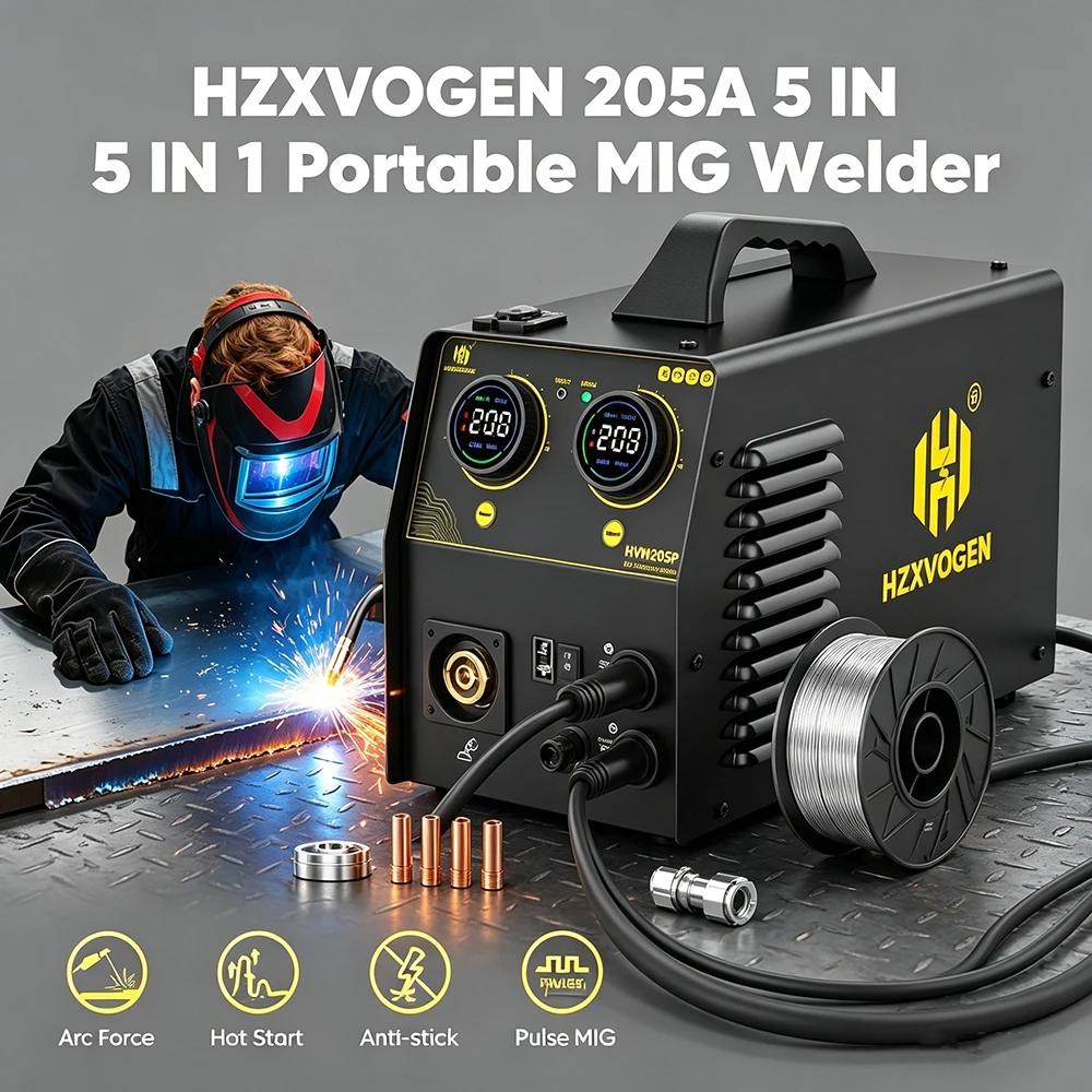 HZXVOGEN HVM205P MIG-Schweißgerät 220V 205A 5-in-1 Stick/ARC/MMA Gas/Flussmittelkern MIG Lift TIG Unterstützt Spool Gun Puls MIG IGBT Inverter-Schweißmaschine für Aluminium und Edelstahl 2/10lb