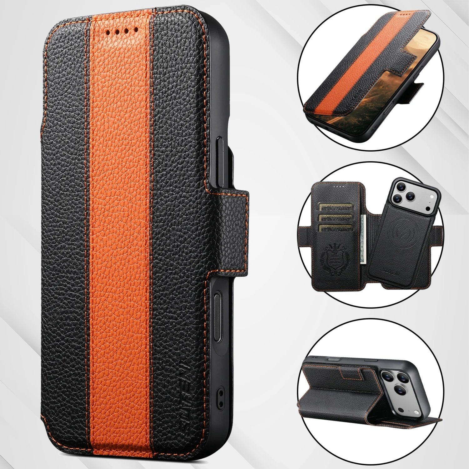 

For iPhone 17 Air/16/14/15 Pro Max Magnetic Two-in-One Color-Match Full-Enclosure Soft Rubber Anti-Drop Protection Leather Case