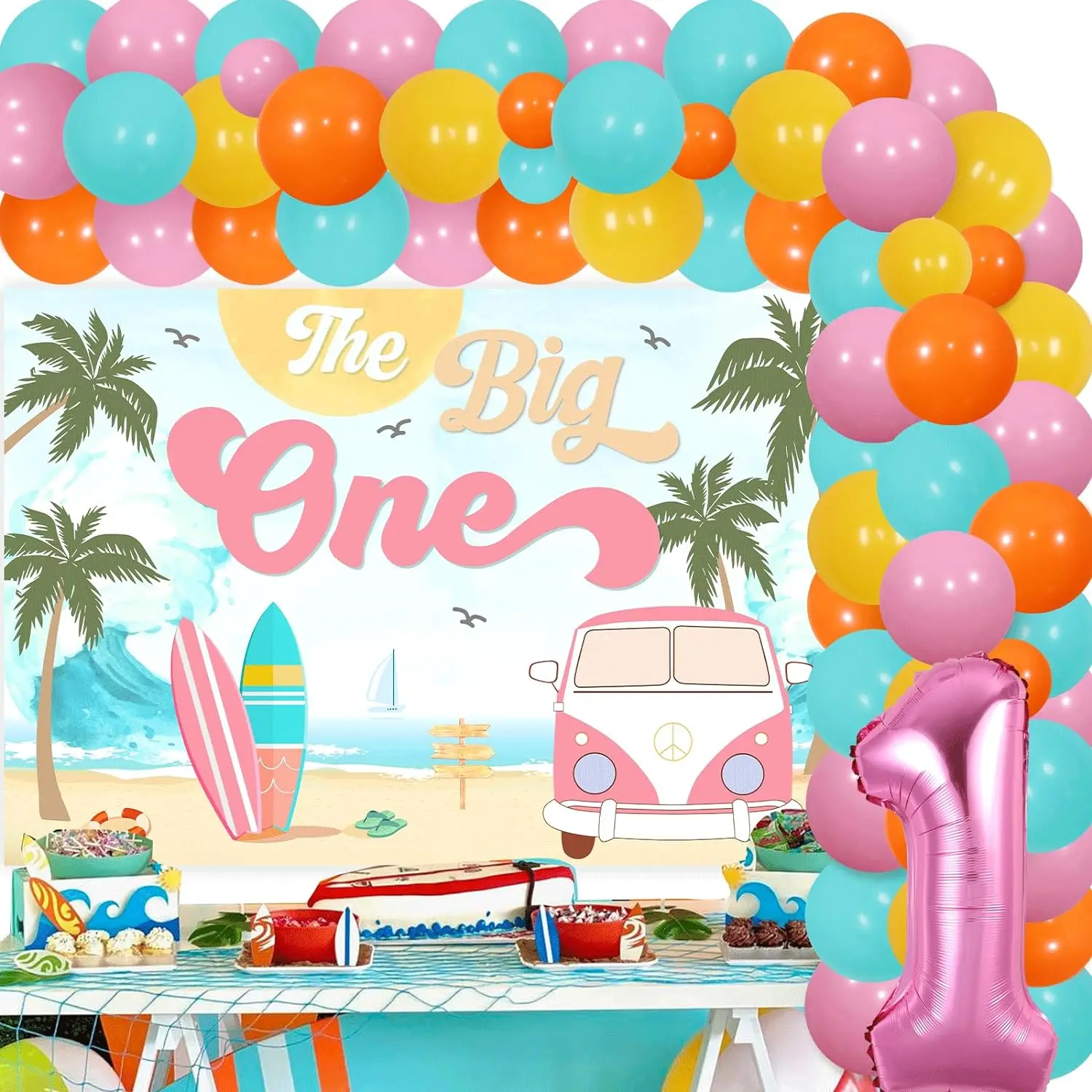 

Surf 1st Birthday Decor for Girls The Big One Surf Backdrop Balloon Garland Arch Kit Summer Beach First Birthday Party Supplies