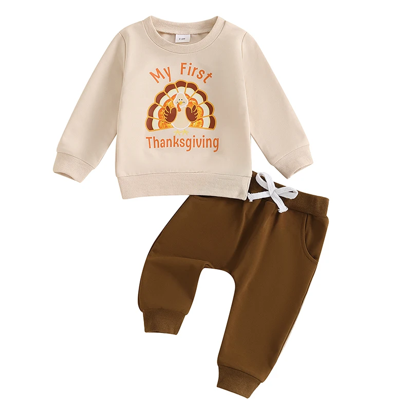 Toddler Boy Thanksgiving Outfits Turkey Letter Print Long Sleeve Sweatshirt with Elastic Waist Solid Pants 2Pcs Set