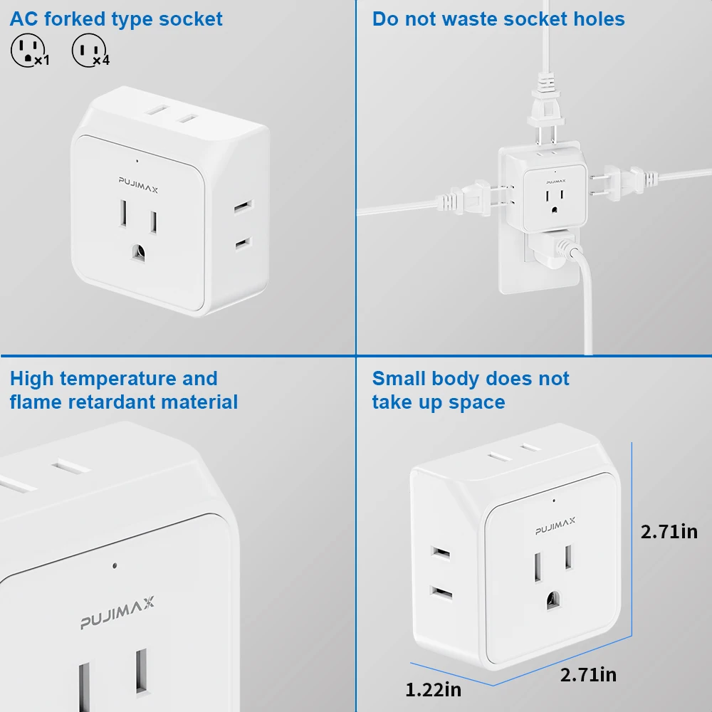 PUJIMAX [2 Pack] Power Strip Multi Outlet Splitter US Plug 5 Outlets Surge Protector Multi Outlet Extender For Home Office Home