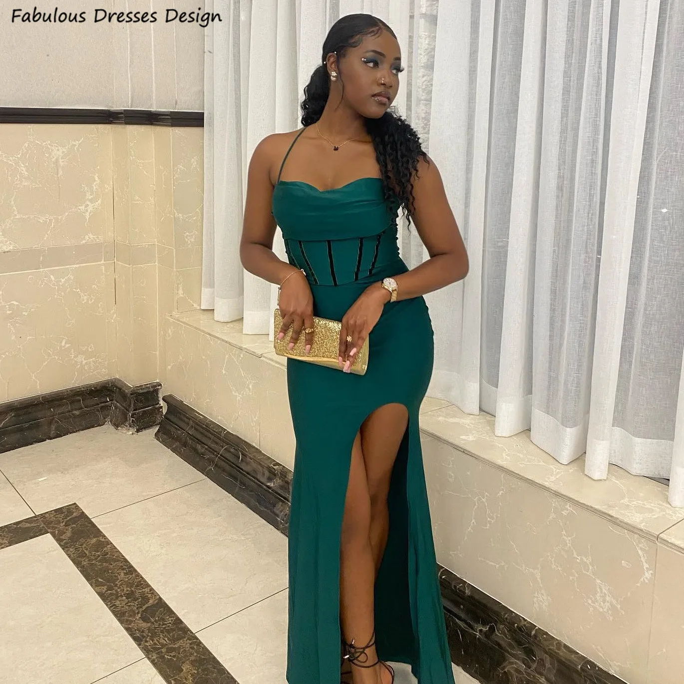 

Dark Green Long Mermaid Bridesmaid Dresses Sexy Criss-cross Backless Slit Wedding Guest Dress For Women Prom Party Gown